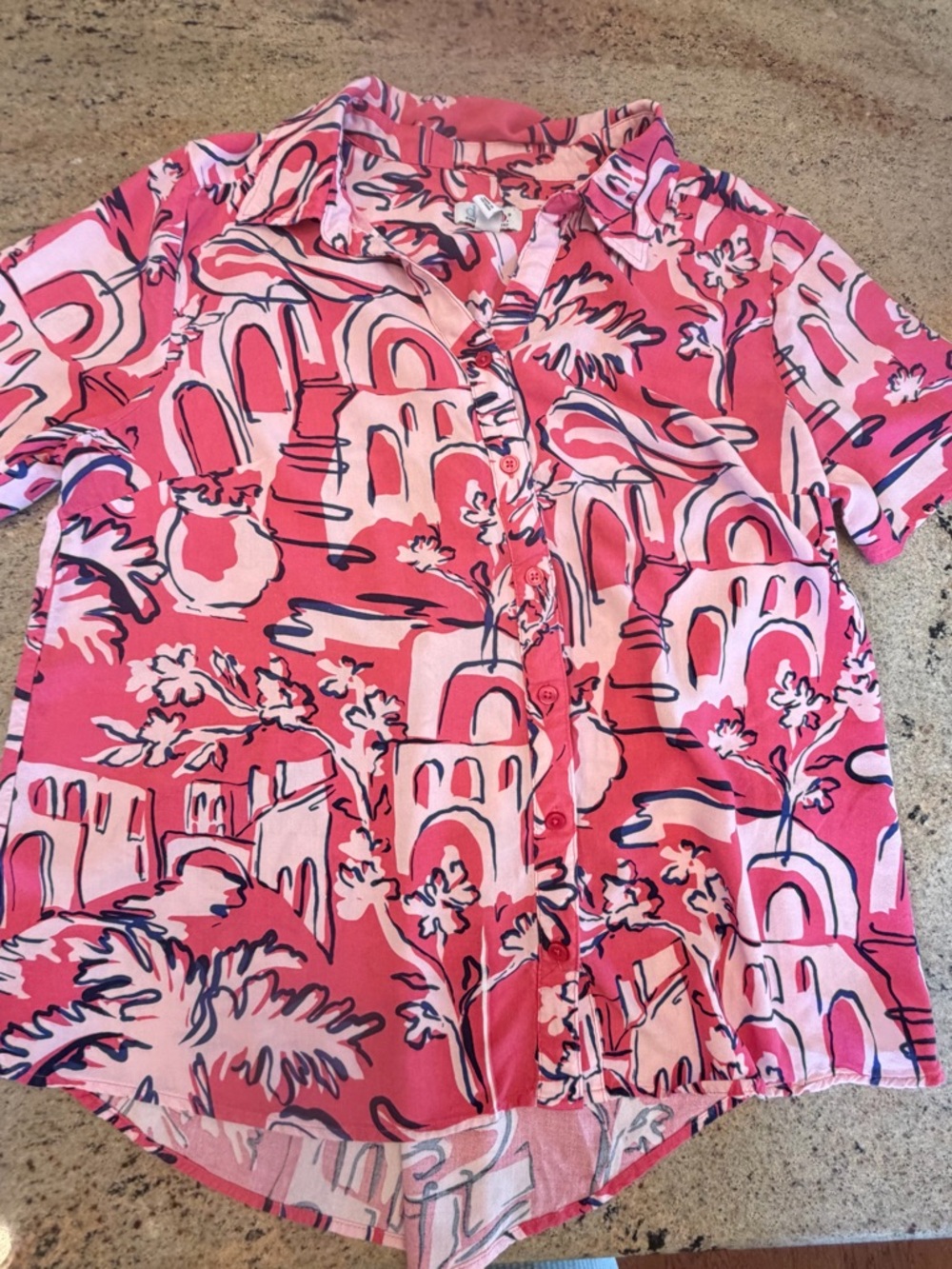 Denim & Co Vibrant Pink Size L City Scape Design Buttoned Collared Blouse
